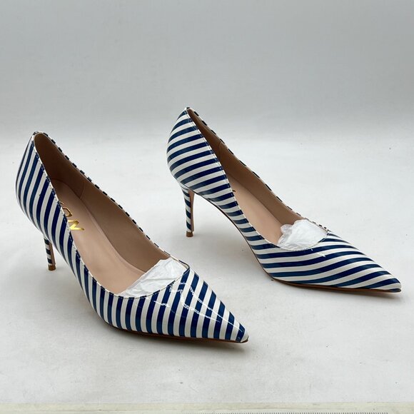 YDN Blue Stripe Chic Pointed Closed Toe Mid Heel Pumps Slip on Dress Shoe - Picture 4 of 8